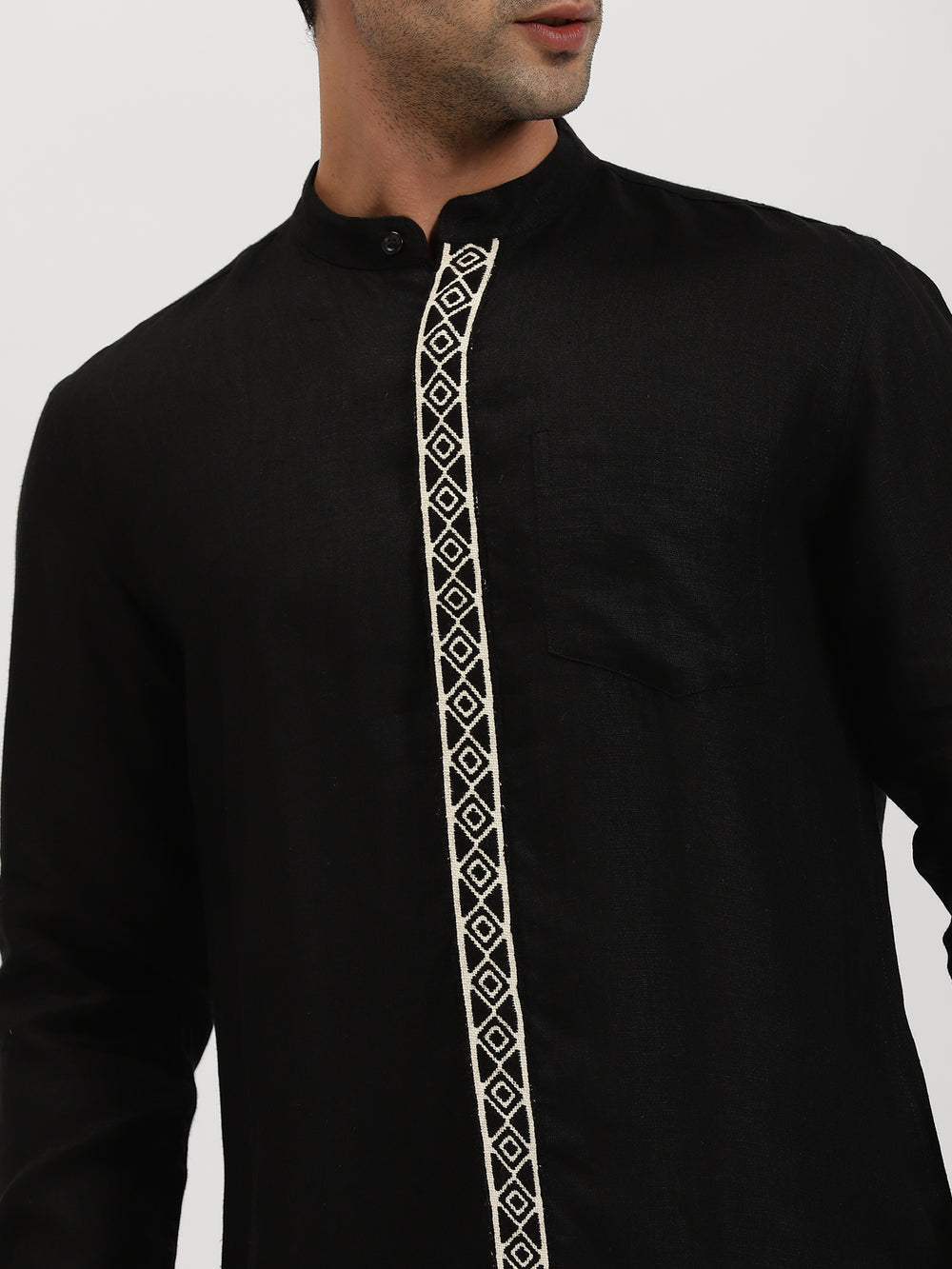 Thivican - Pure Linen Toda Hand-Embroidered Long Sleeve Shirt - Black