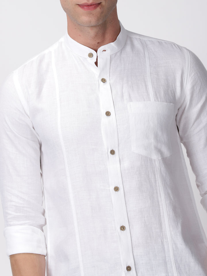 Trevor - Pure Linen Mandarin Collar Full Sleeve Shirt - White