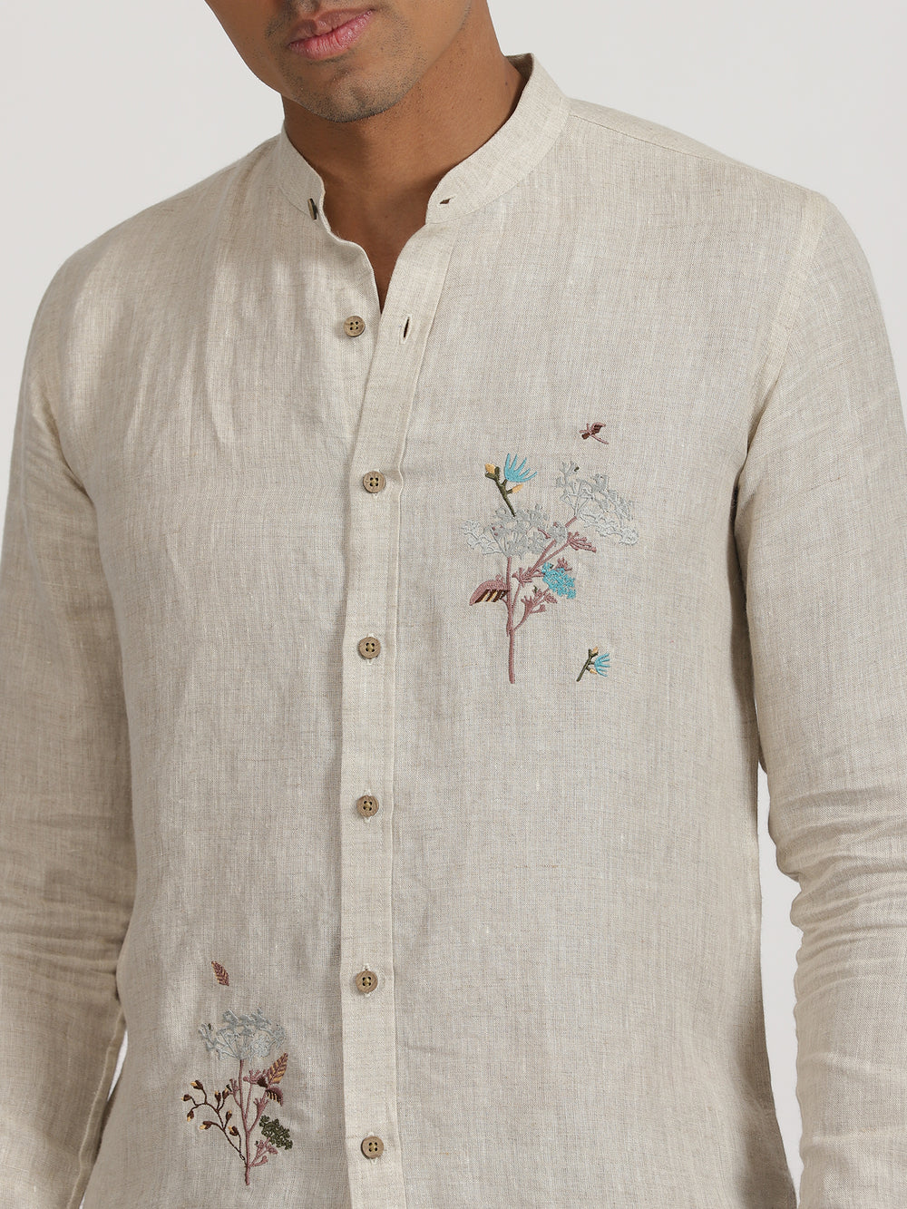 Wilson - Pure Linen Hand Embroidered Full Sleeve Shirt - Ecru