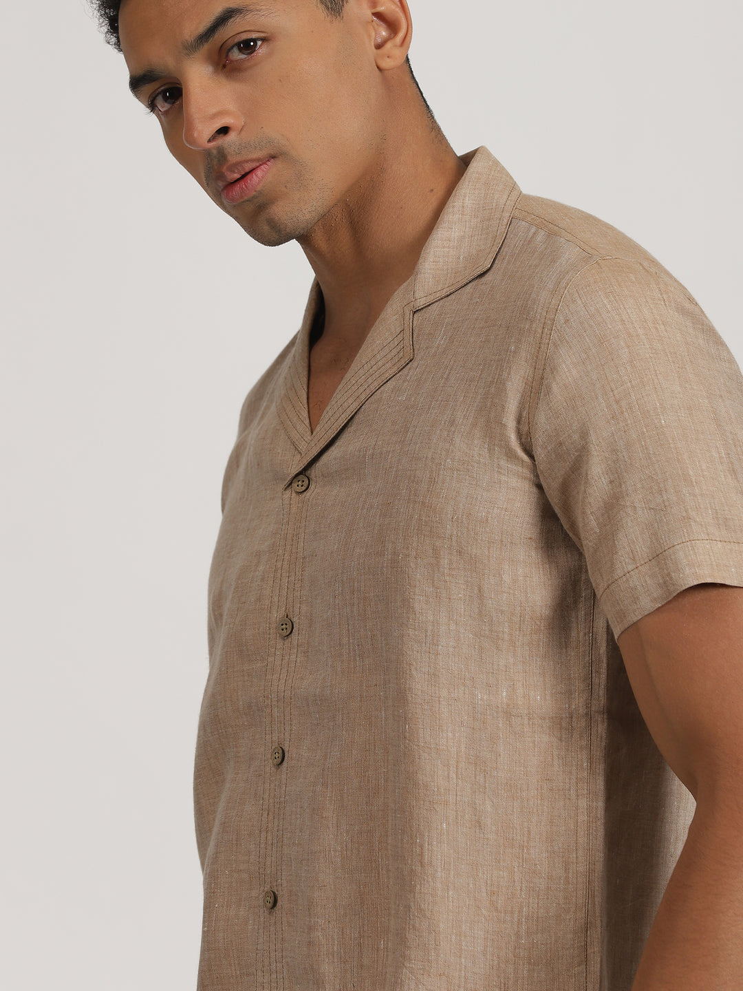 Earl - Pure Linen Half Sleeve Shirt With Stitch Details - Mocha