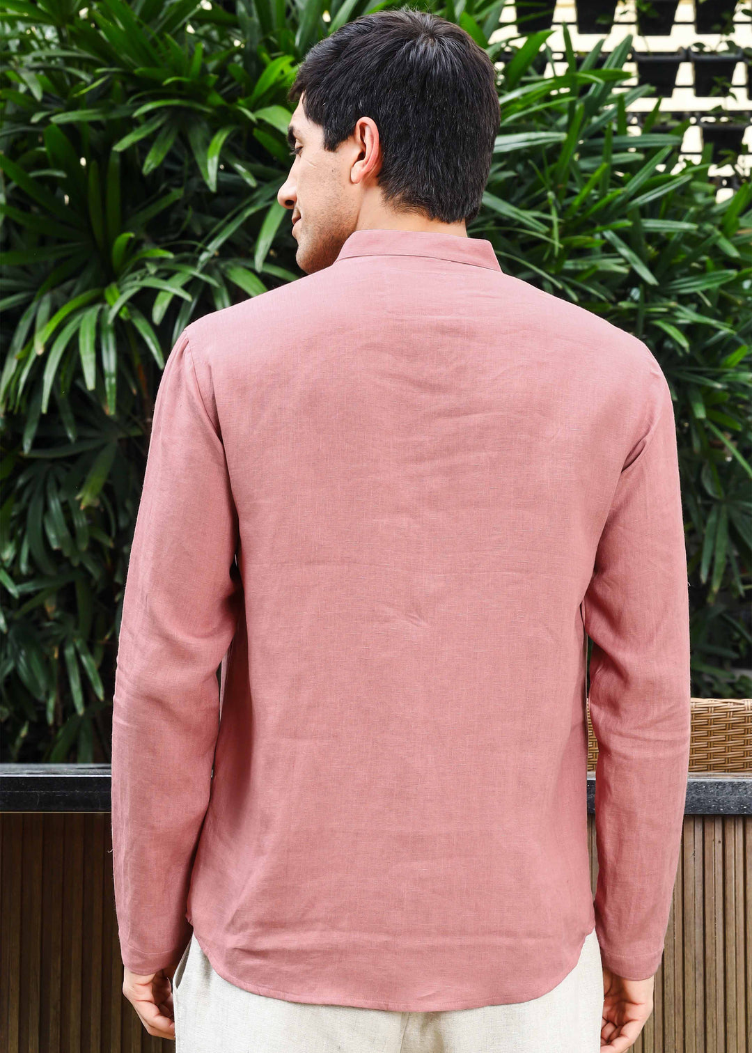 Arnav - Full Sleeve Broad-Notched Collar Pure Linen Short Kurta - Dusty Pink