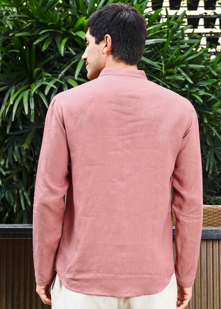 Arnav - Full Sleeve Broad-Notched Collar Pure Linen Short Kurta - Dusty Pink