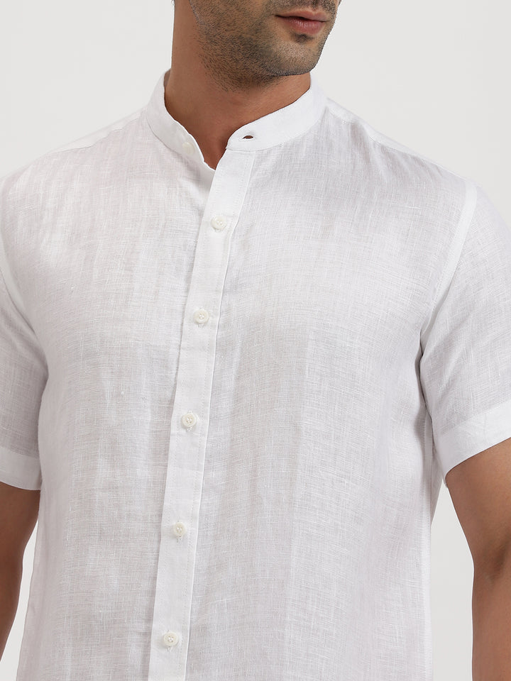 Ronan - Pure Linen Mandarin Collar Half Sleeve Shirt - White