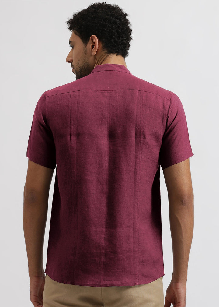 Trevor - Pure Linen Mandarin Collar Half Sleeve Shirt - Twilight Purple