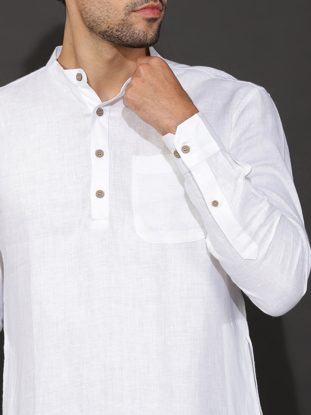 Jace - Full Sleeve Mandarin Collar Pure Linen Short Kurta - White