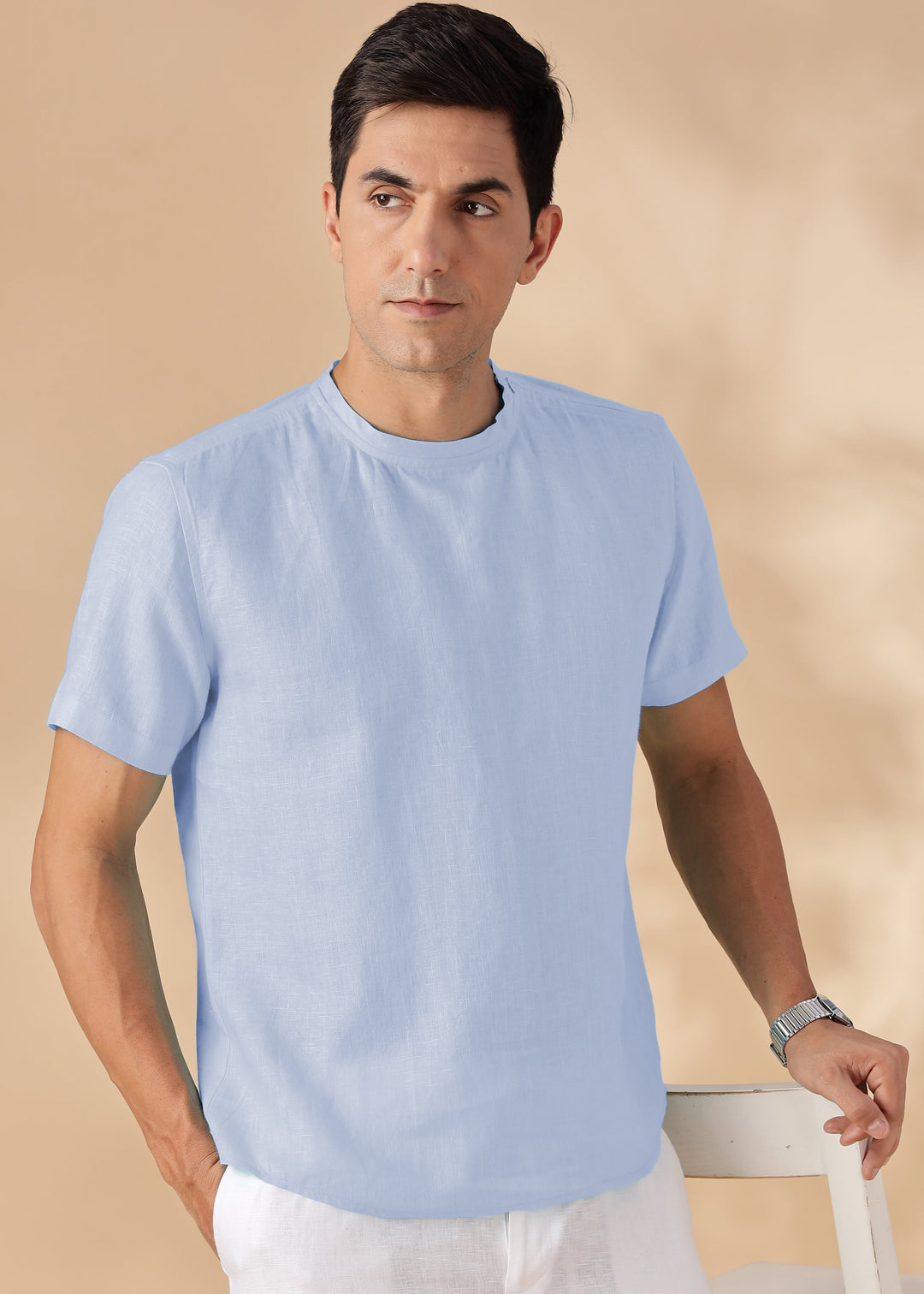 Morgan - Pure Linen Short Sleeve T-Shirt - Periwinkle Blue