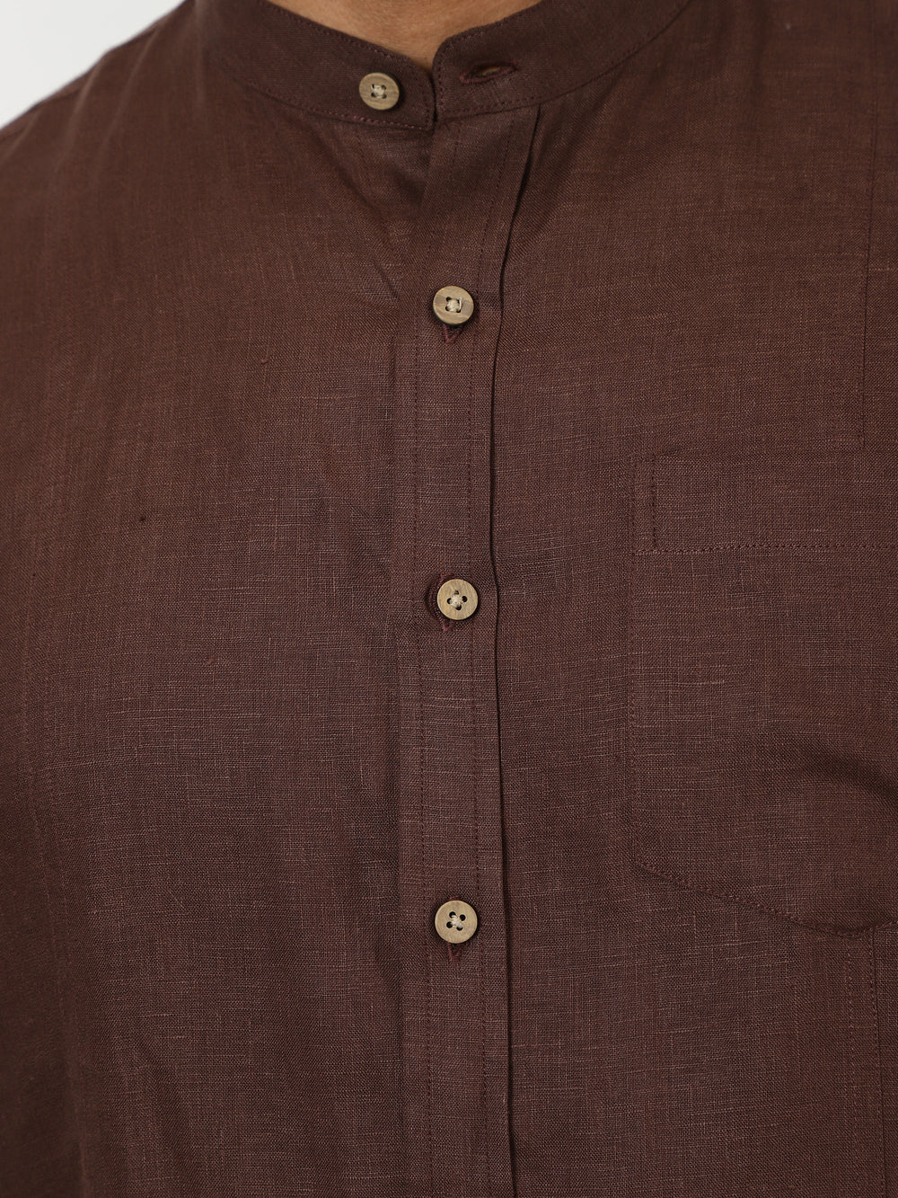 Trevor - Pure Linen Mandarin Collar Half Sleeve Shirt - Coffee Brown | Relove