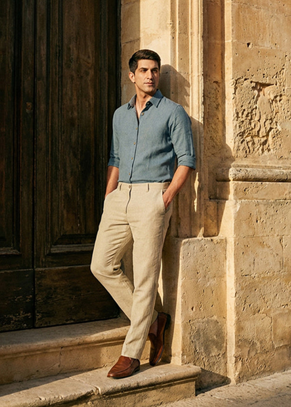 Blue Stone Formal Office Set - Ron Full Sleeve Shirt Blue Grey and Ian Ecru Trousers