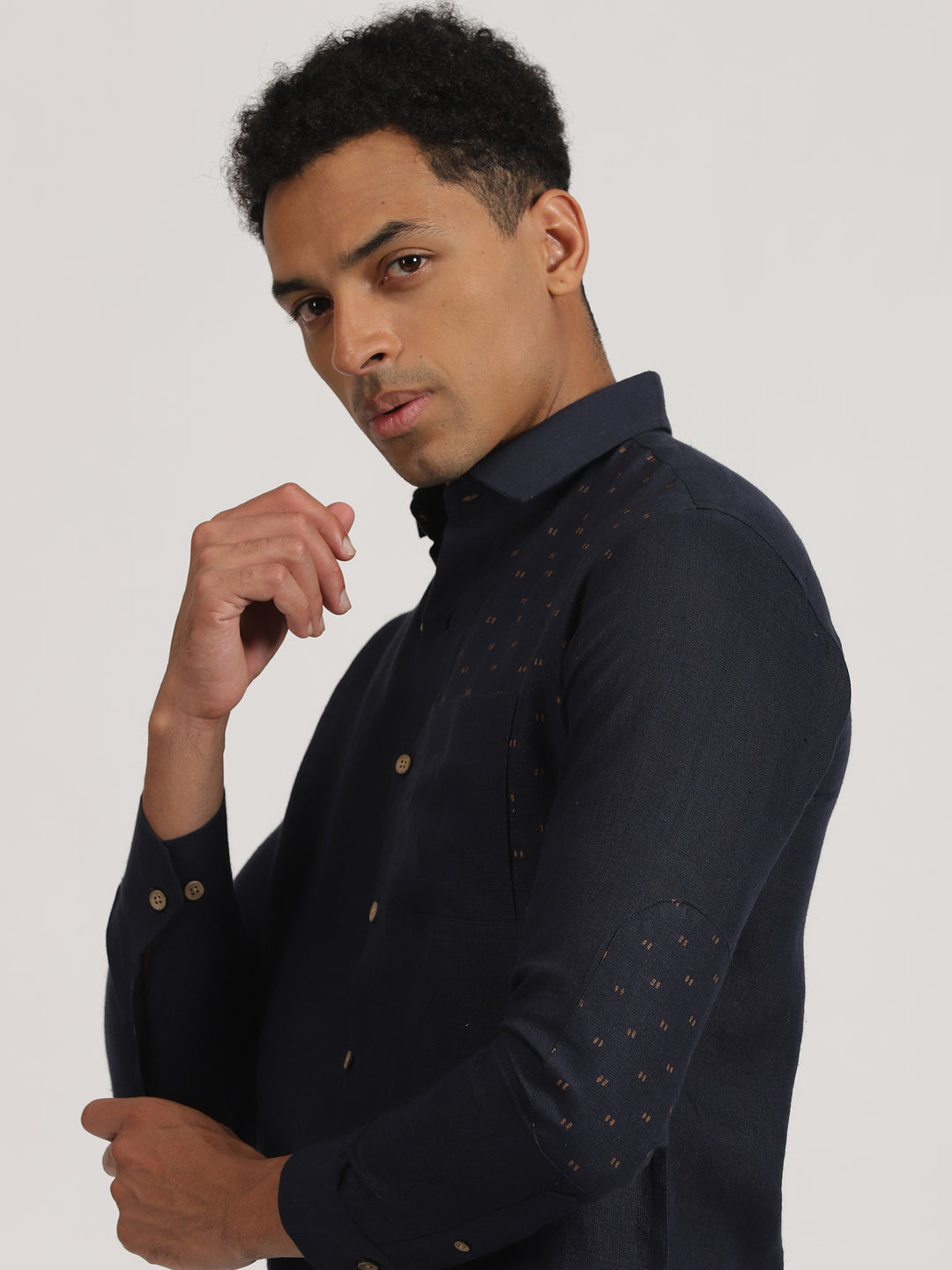 Ryker - Pure Linen Block Printed Dobby Full Sleeve Shirt - Dark Blue