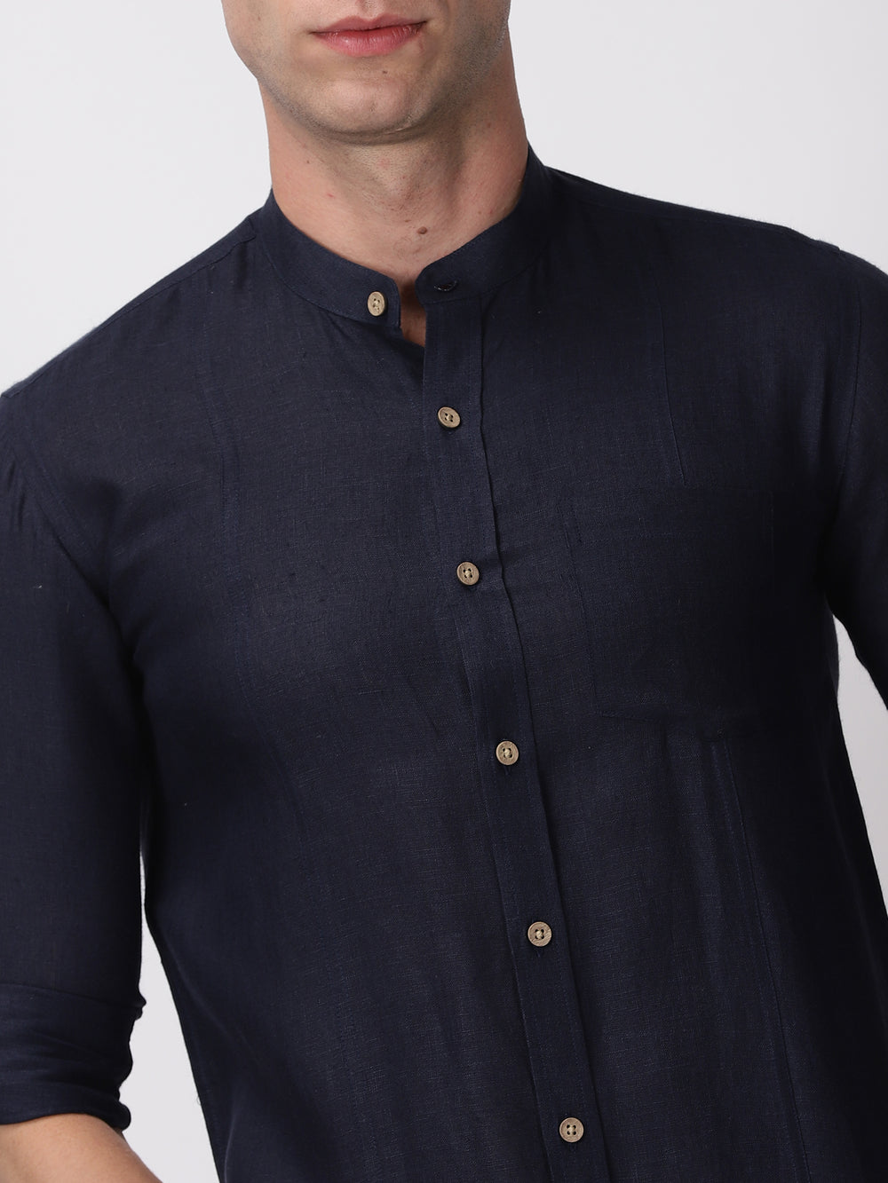 Trevor - Pure Linen Mandarin Collar Full Sleeve Shirt - Dark Blue