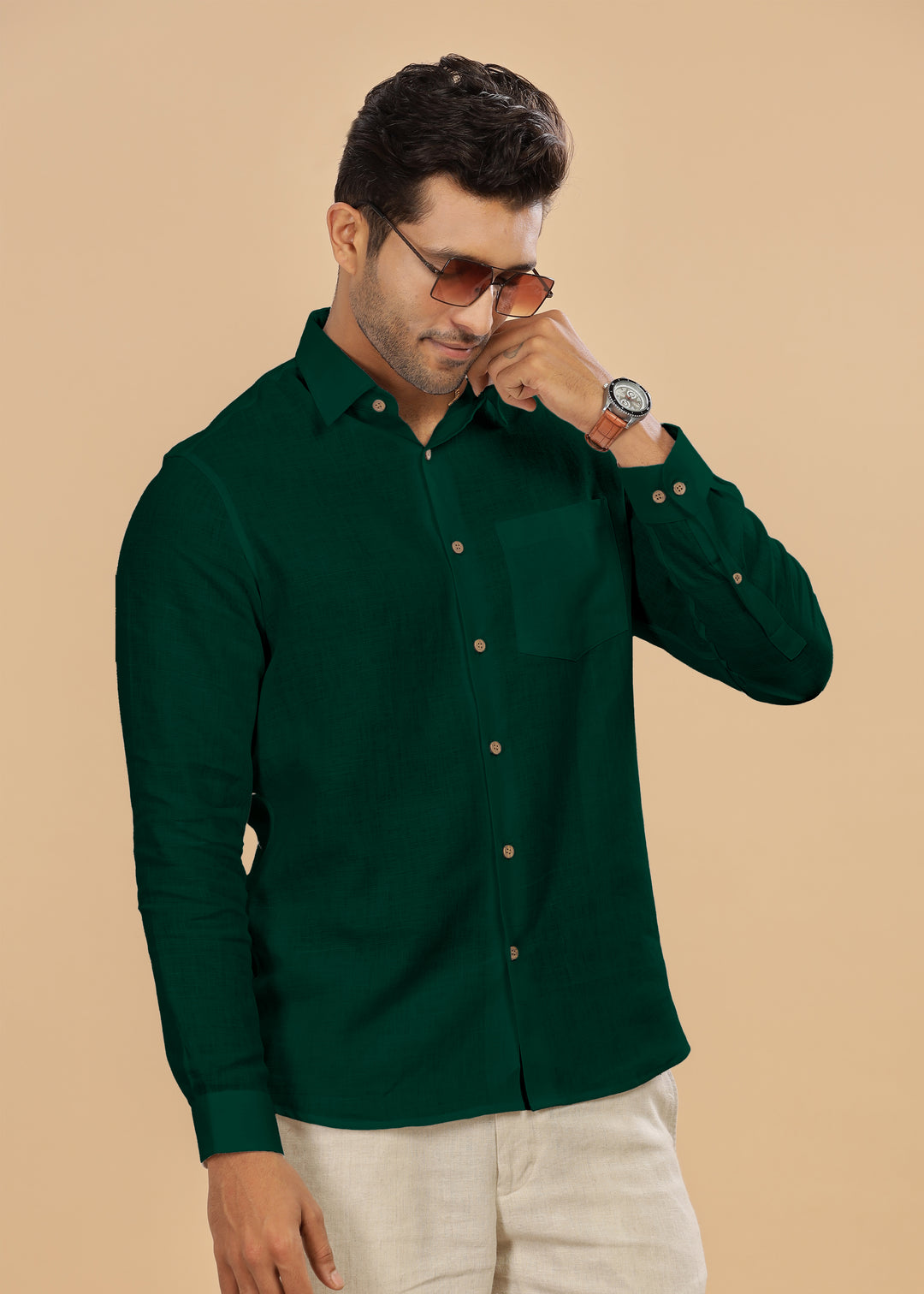 Ted - Pure Linen Full Sleeve Shirt - Dark Pine Green