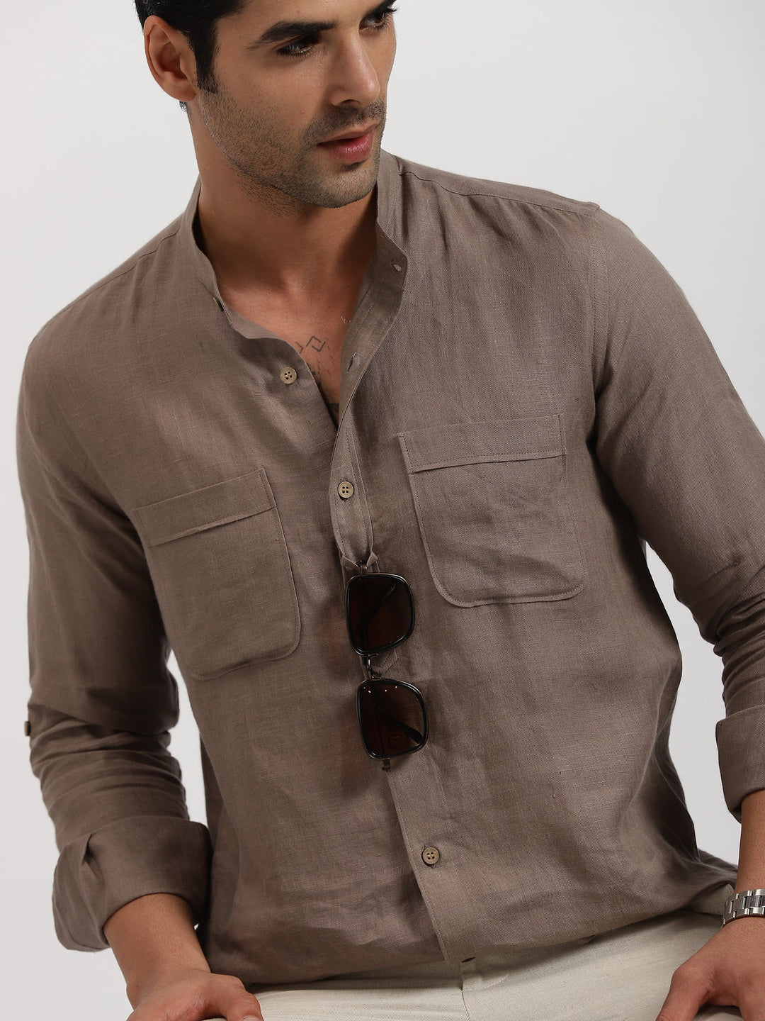 Luca - Pure Linen Double Pocket Full Sleeve Shirt - Sepia Brown | Rescue