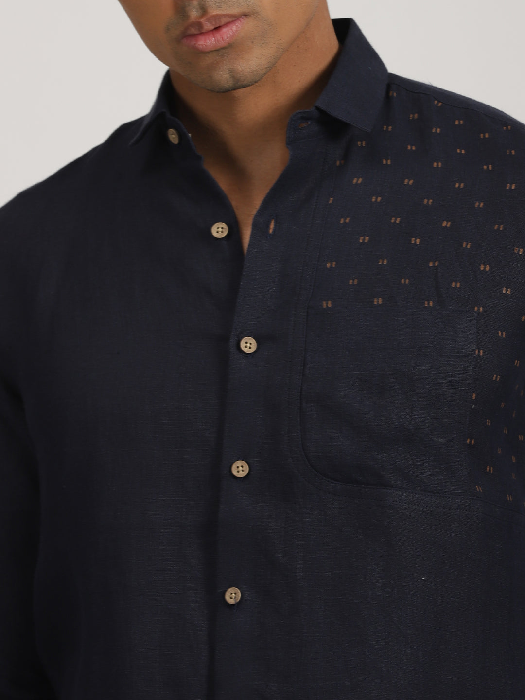 Ryker - Pure Linen Block Printed Dobby Full Sleeve Shirt - Dark Blue