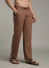 Art Pants - Pure Linen Elastic Casual Pants with Drawstrings - Walnut Brown