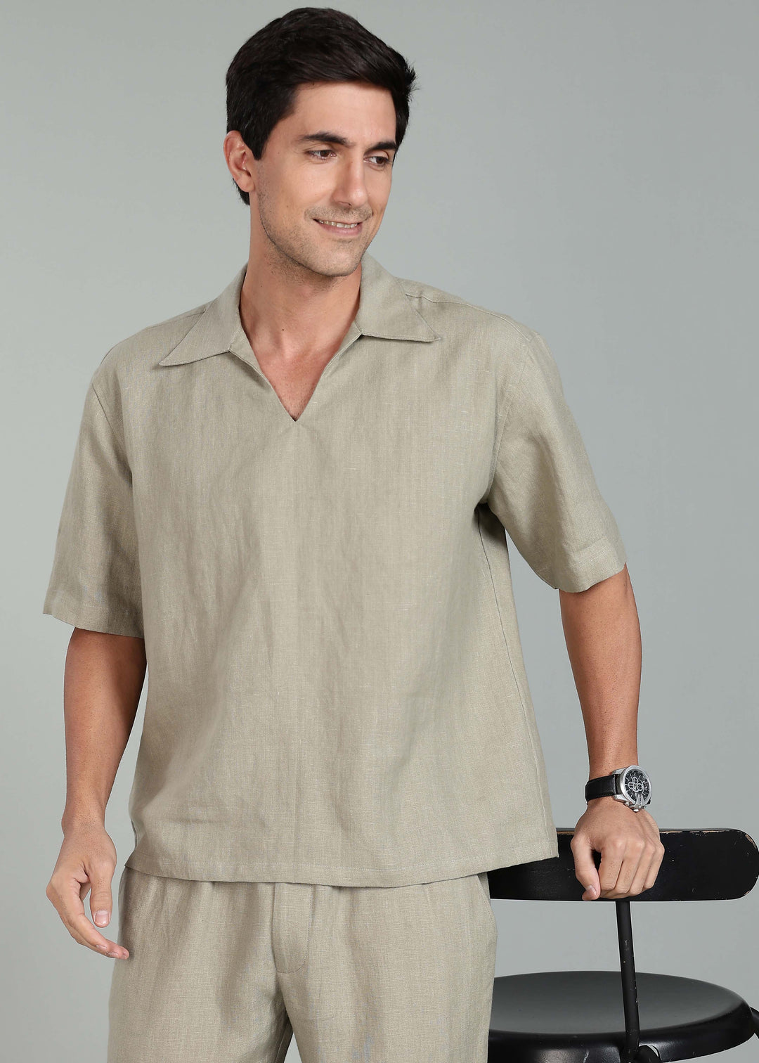 Cole Pure Linen T-Shirt with Ivo Pant Set - Artichoke Green