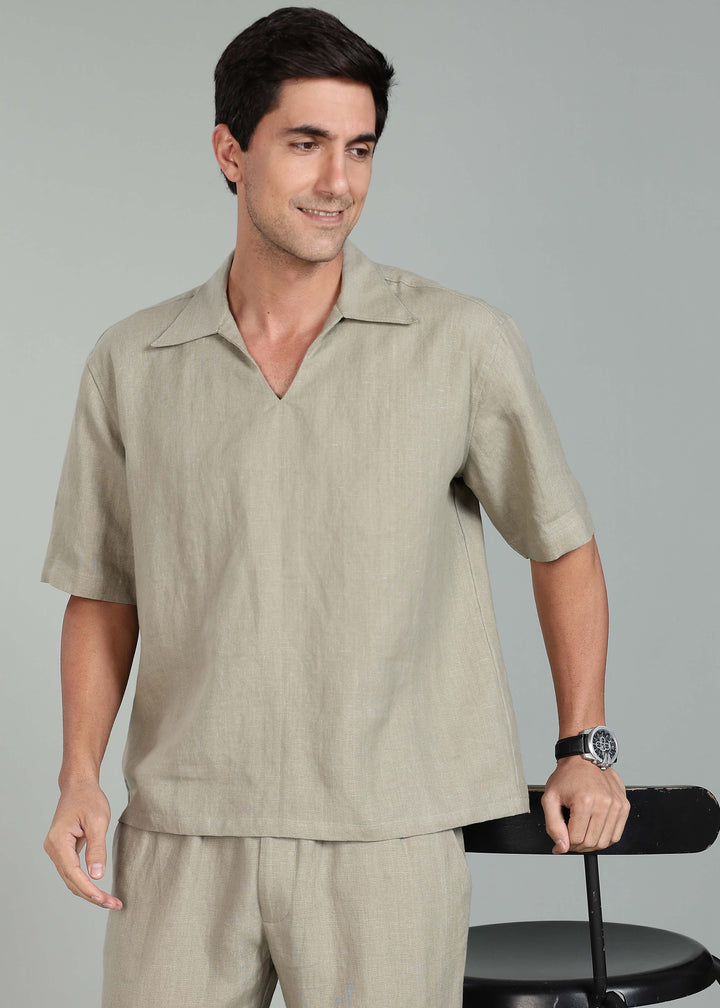 Cole Pure Linen T-Shirt with Ivo Pant Set - Artichoke Green