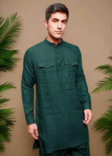 Aman - Pure Linen Long Kurta with Double Pocket - Dark Pine Green