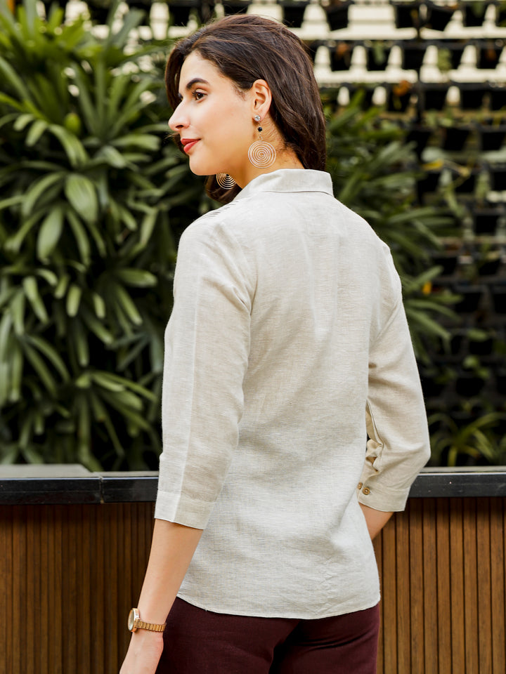 Amelia - Pure Linen Full Sleeve Shirt With Pleated Yoke - Ecru