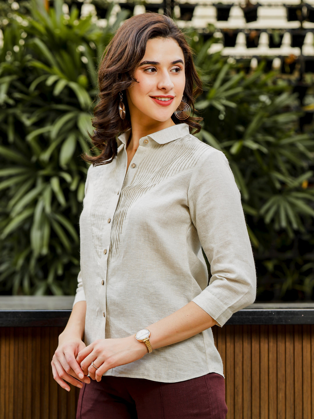 Amelia - Pure Linen Full Sleeve Shirt With Pleated Yoke - Ecru