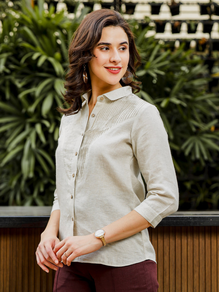 Amelia - Pure Linen Full Sleeve Shirt With Pleated Yoke - Ecru