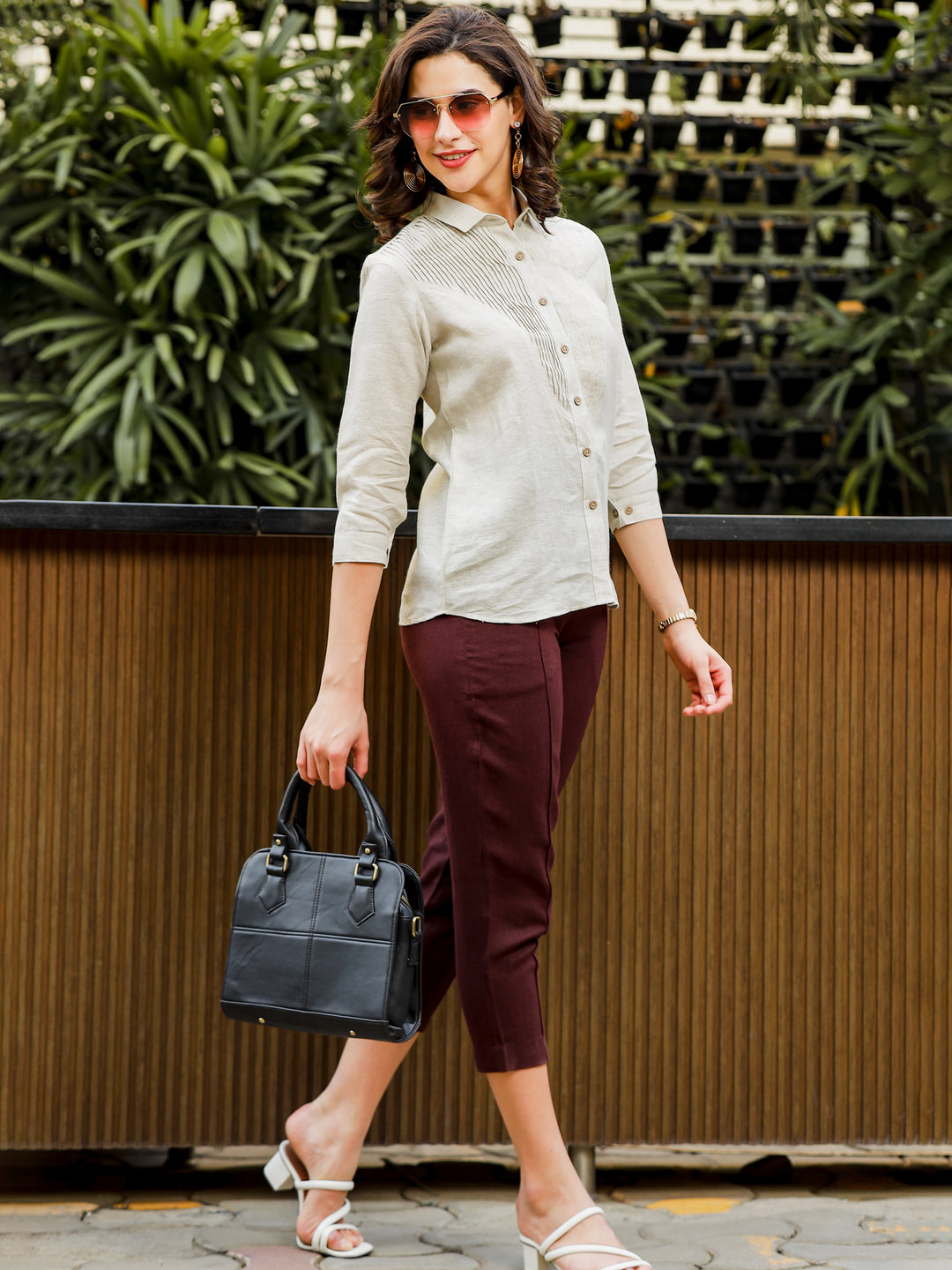 Amelia - Pure Linen Full Sleeve Shirt With Pleated Yoke - Ecru