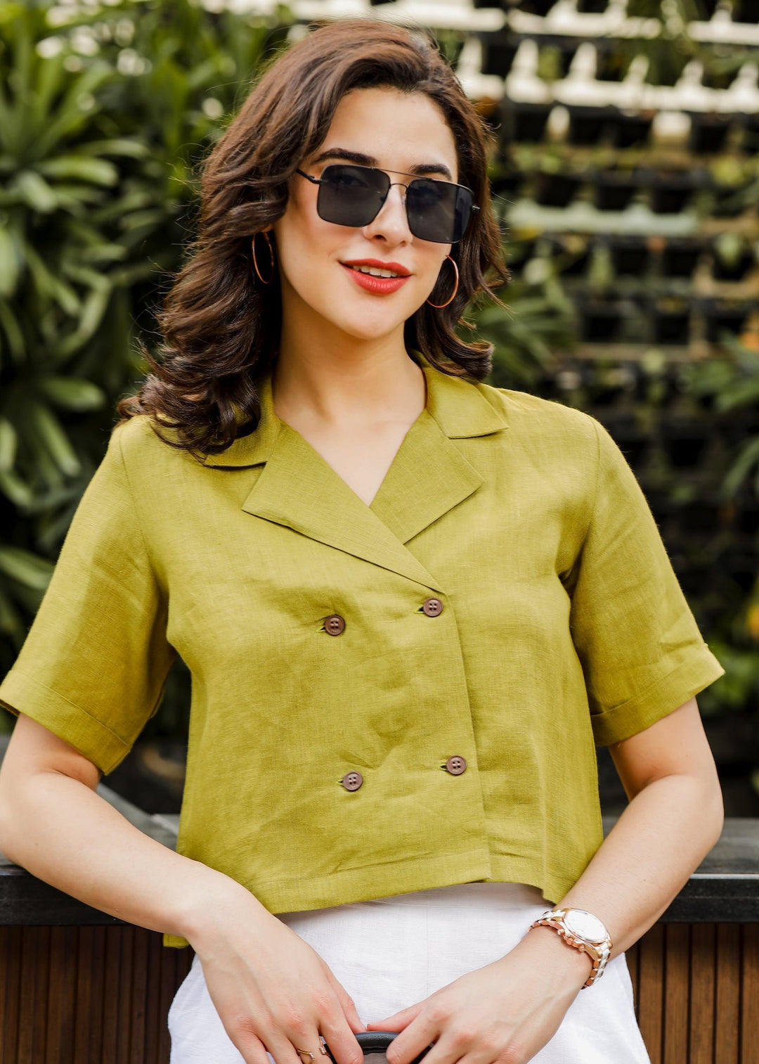 Anna - Pure Linen Crop Top - Sap Green