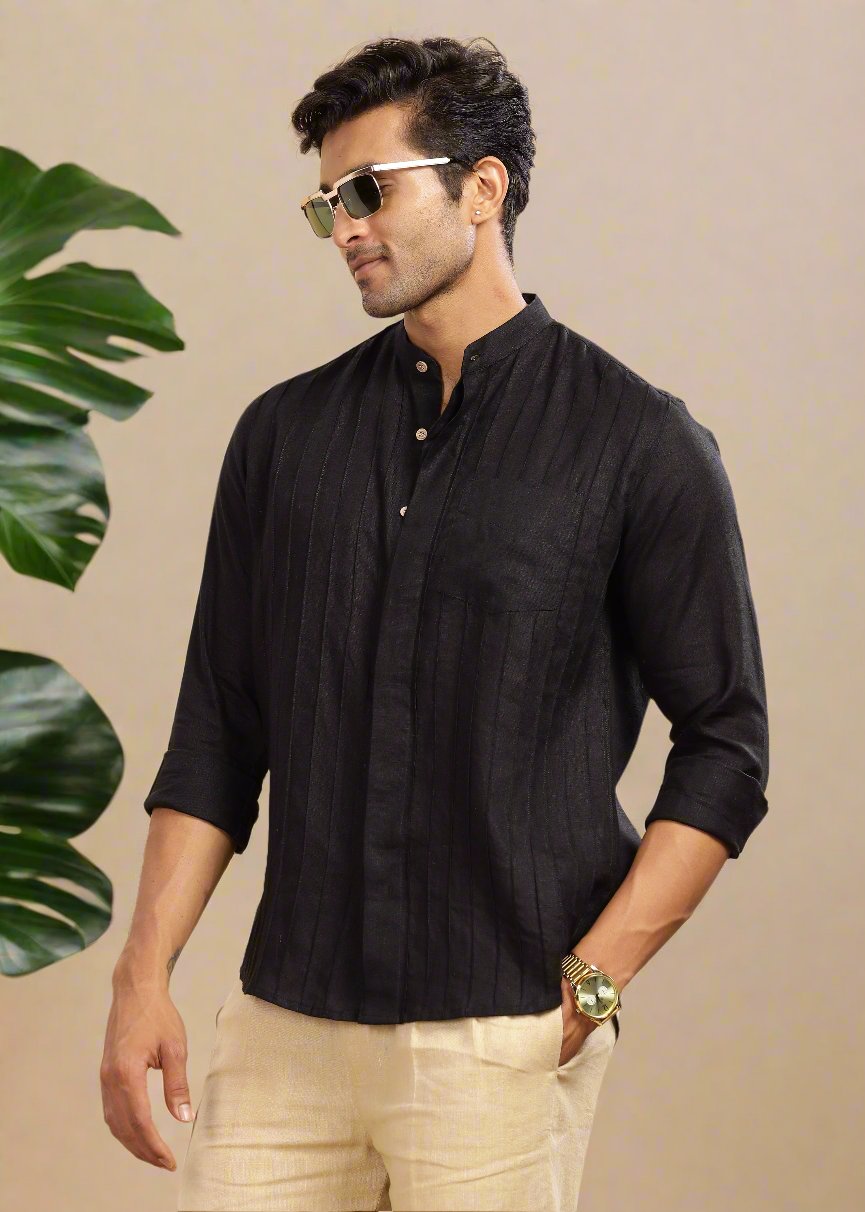 Black Pure Linen Full Sleeve Shirt and Collar and Pin Tucks for
