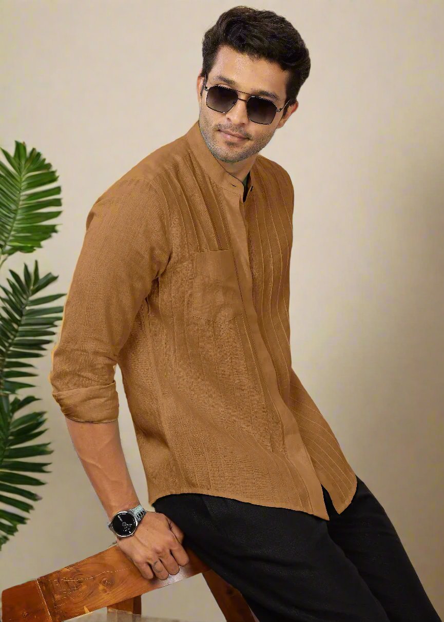 Mustard Brown Pure Linen Full Sleeve Shirt and Collar and Pin