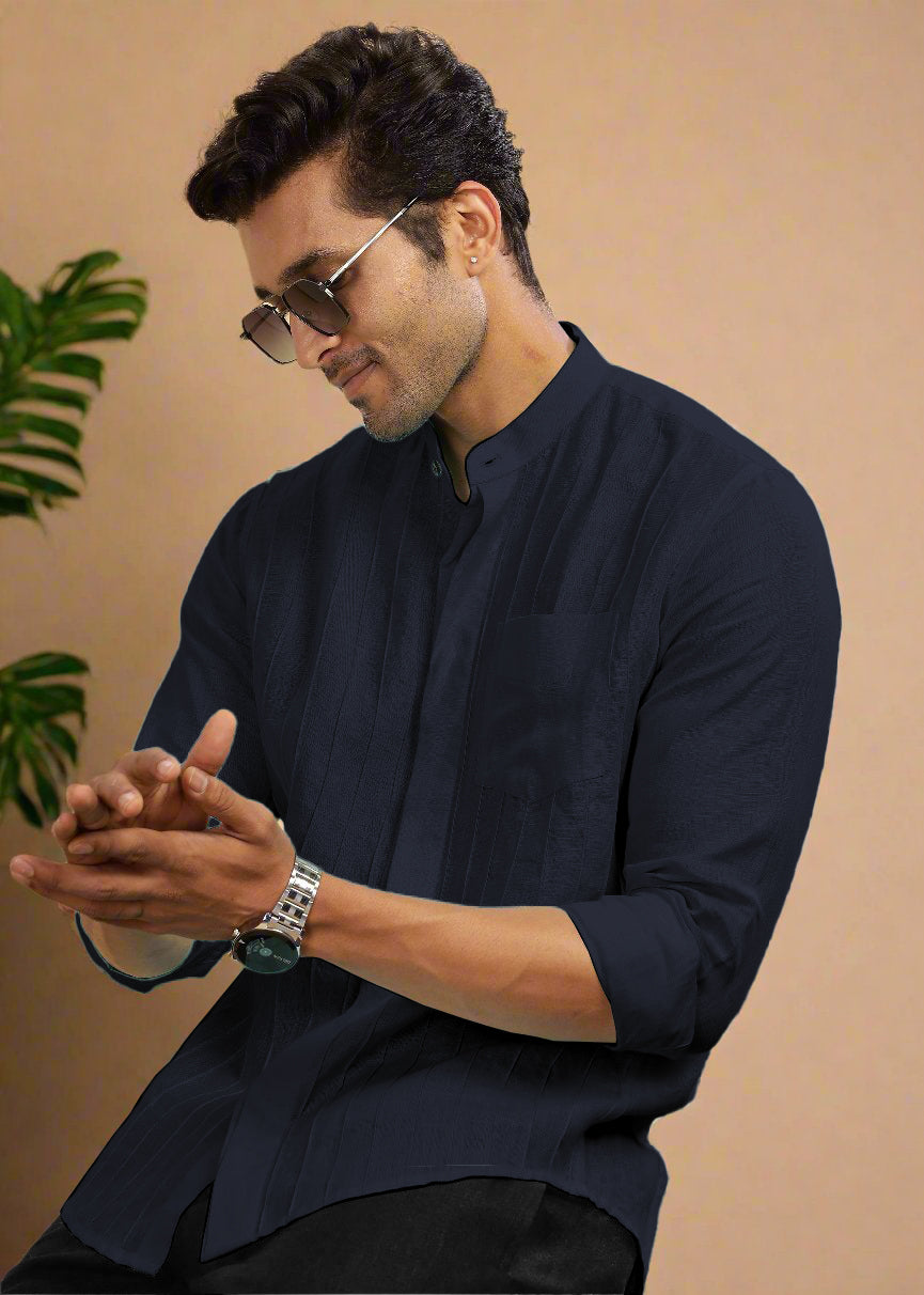 Navy Blue Pure Linen Full Sleeve Shirt and Collar and Pin Tucks