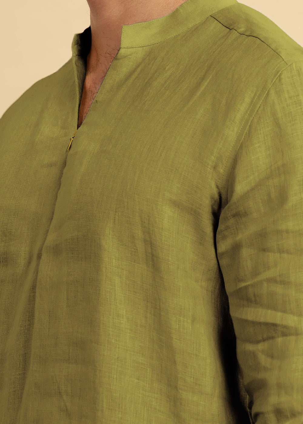 Arnav 100% Pure Linen Full Sleeve Kurta in Sap Green with Broad-Notched Collar crafted in 60 LEA