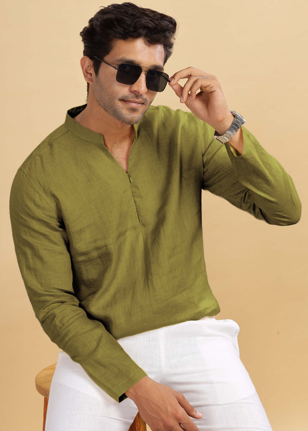Arnav 100% Pure Linen Full Sleeve Kurta in Sap Green with Broad-Notched Collar crafted in 60 LEA
