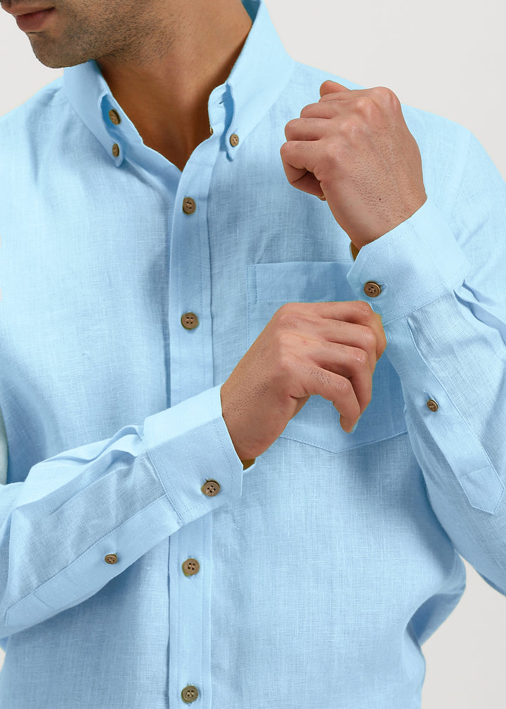 Austin 100% Pure Linen Full Sleeve Shirt in Sky Blue with Button Down Collar crafted in 60 LEA