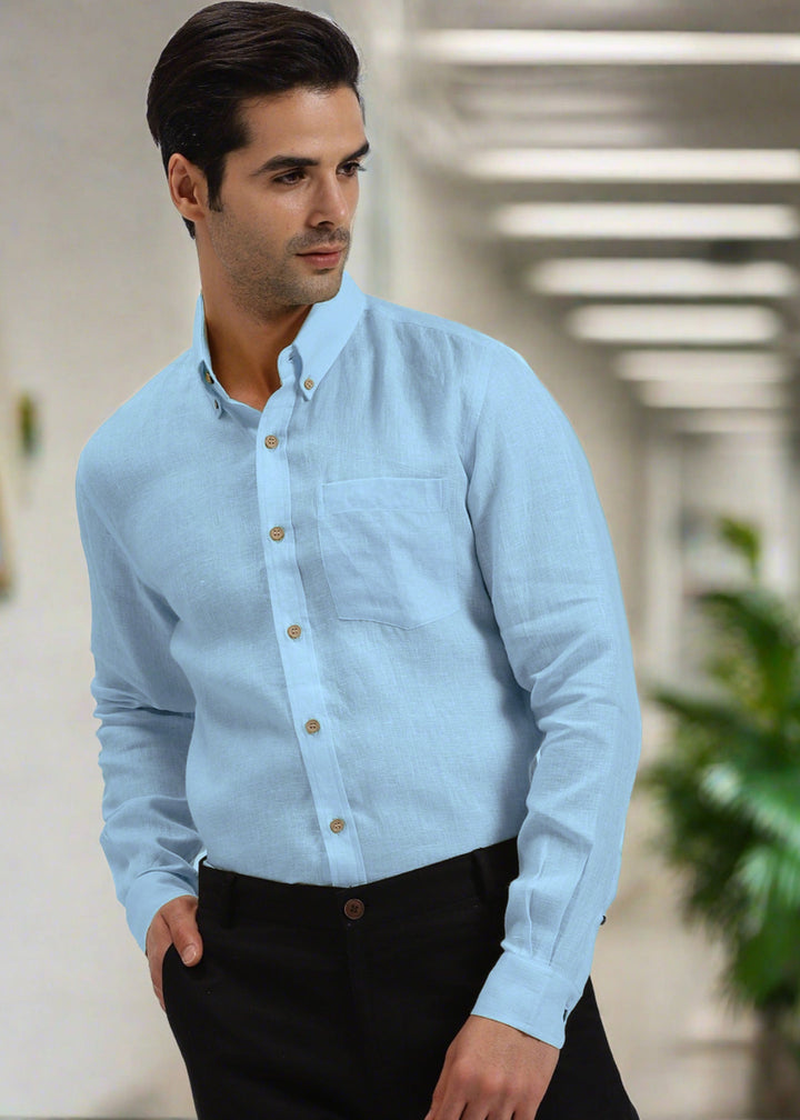 Austin 100% Pure Linen Full Sleeve Shirt in Sky Blue with Button Down Collar crafted in 60 LEA