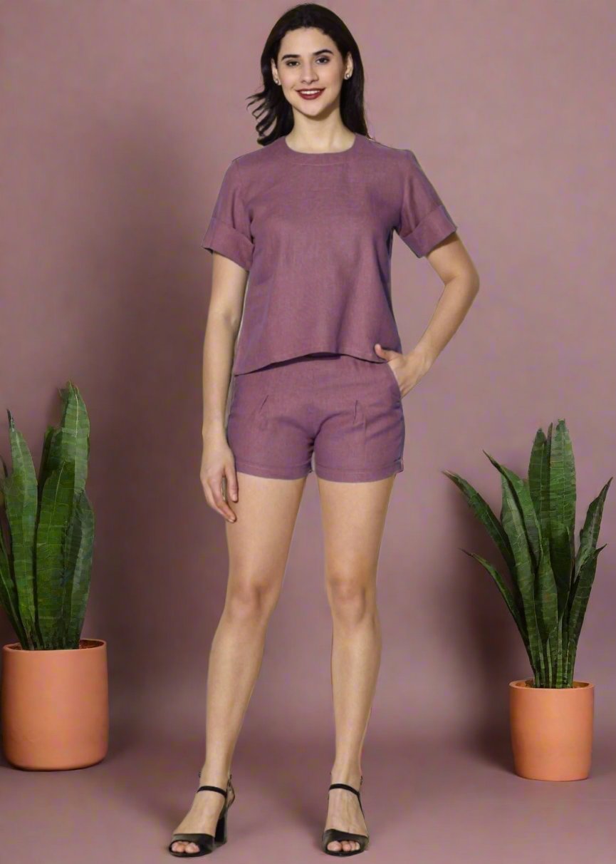 Ava - Pure Linen Short Sleeve With Shorts Co-ord Set - Twilight Purple
