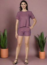 Ava - Pure Linen Short Sleeve With Shorts Co-ord Set - Twilight Purple