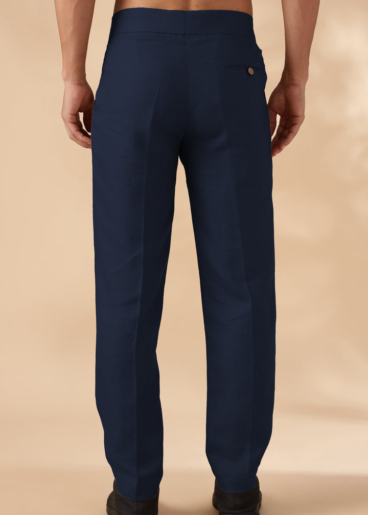 Foster - Pure Linen Trousers with Stylised Waistband - Navy Blue