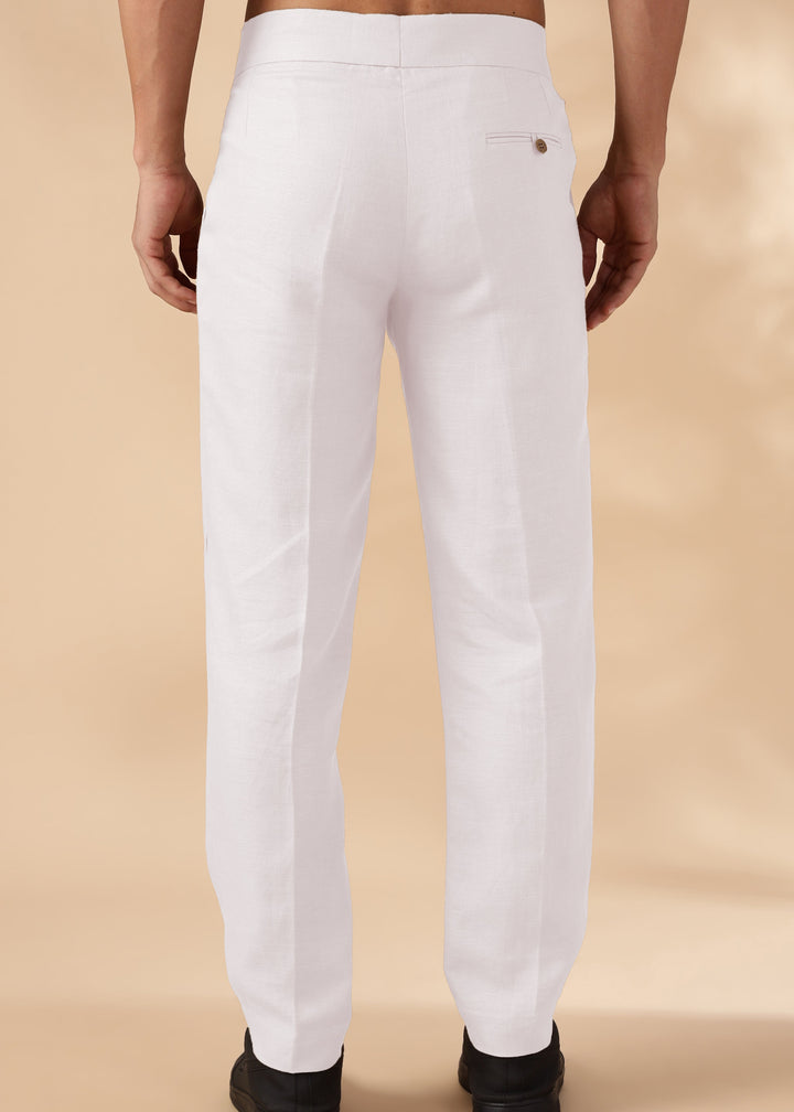 Foster - Pure Linen Trousers with Stylised Waistband - White