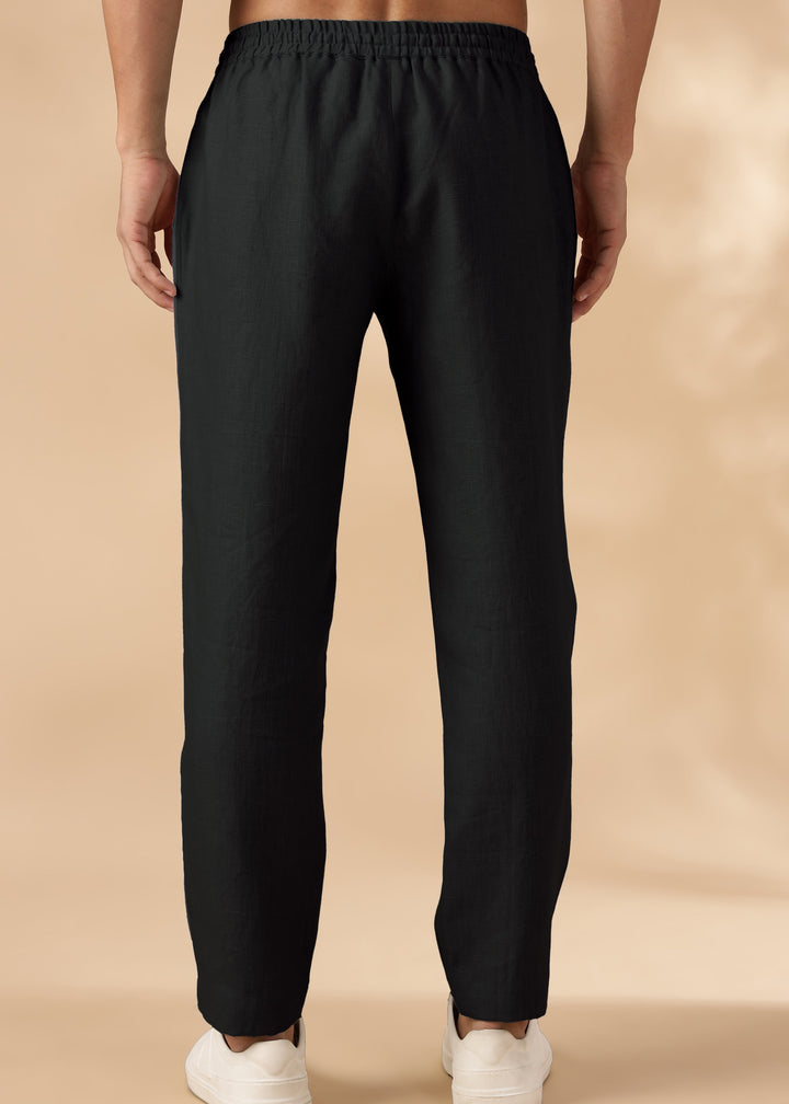 Duo - Pure Linen Panel Elastic Pants with Drawcord - Black