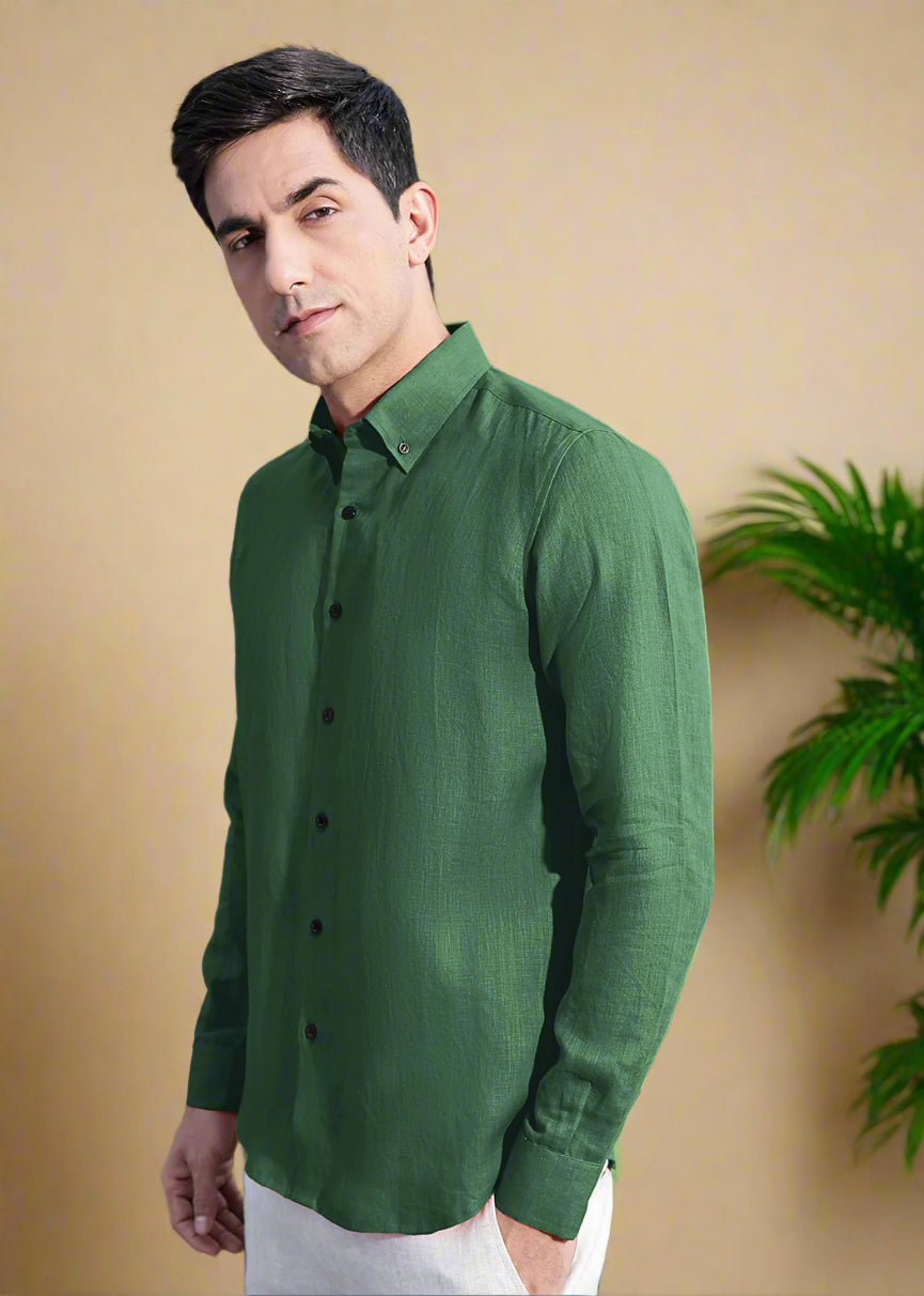 Blaze - Pure Linen Button Down Full Sleeve Shirt - Dark Green