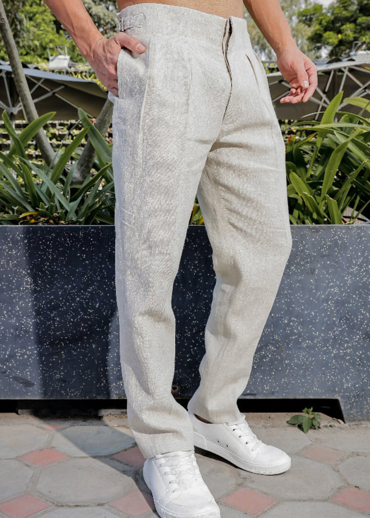 Dollar - Pure Linen Pleated Trousers with Adjustable Waistband – Ecru