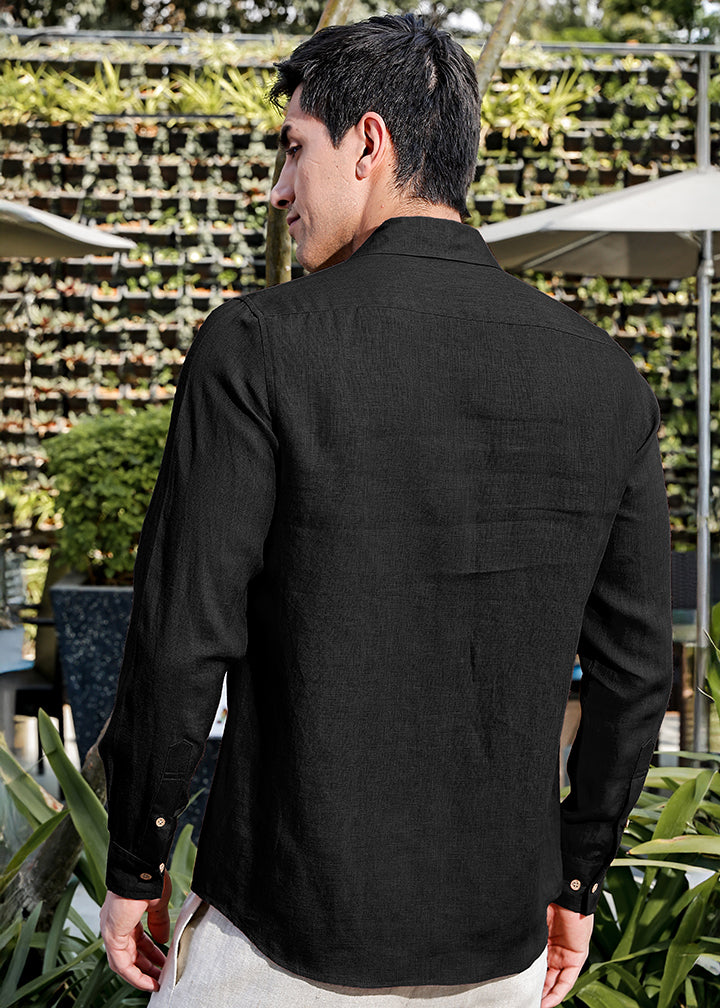 Sigma - Pure Linen Full Sleeve Shirt with Stitch Details - Black