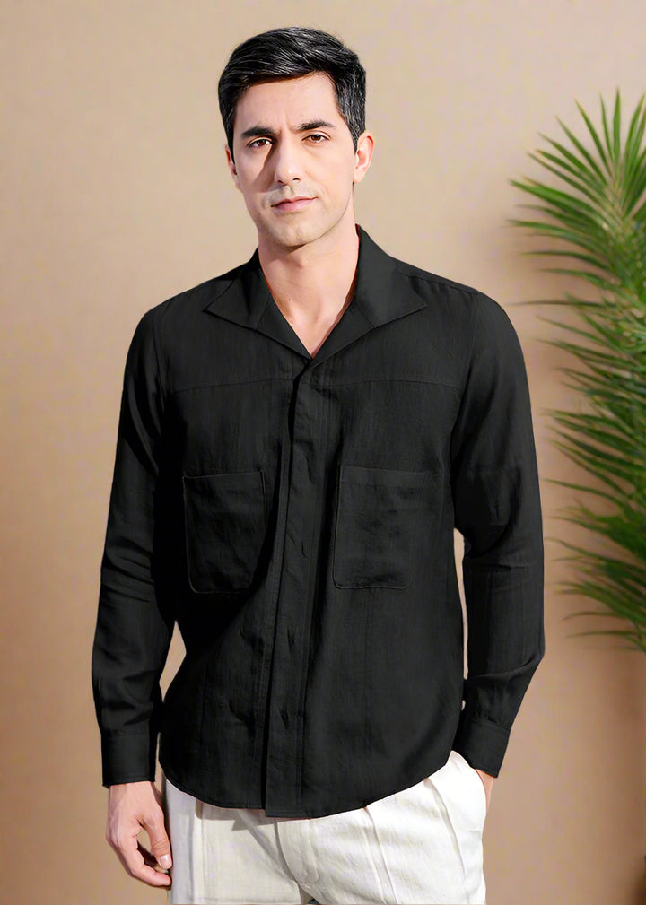 Sigma - Pure Linen Full Sleeve Shirt with Stitch Details - Black