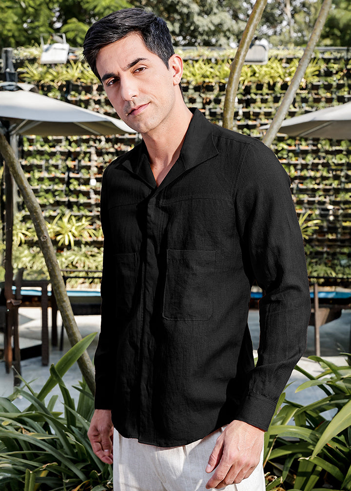 Sigma - Pure Linen Full Sleeve Shirt with Stitch Details - Black