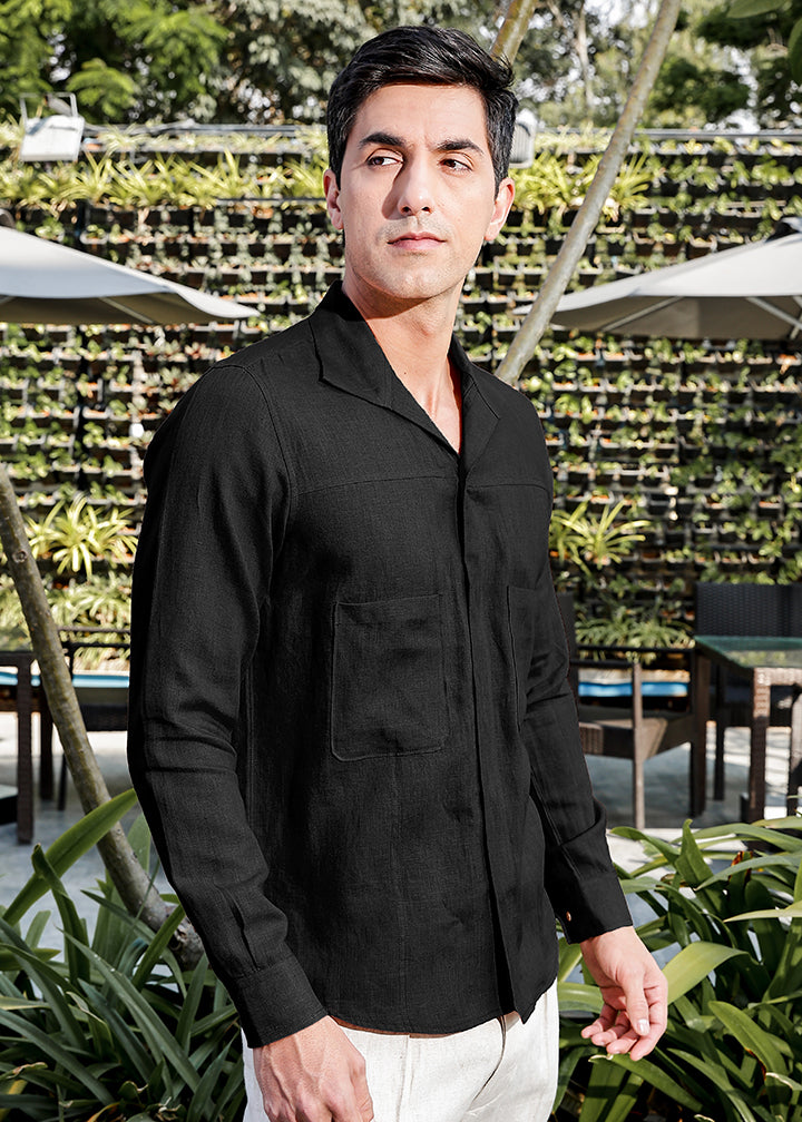 Sigma - Pure Linen Full Sleeve Shirt with Stitch Details - Black