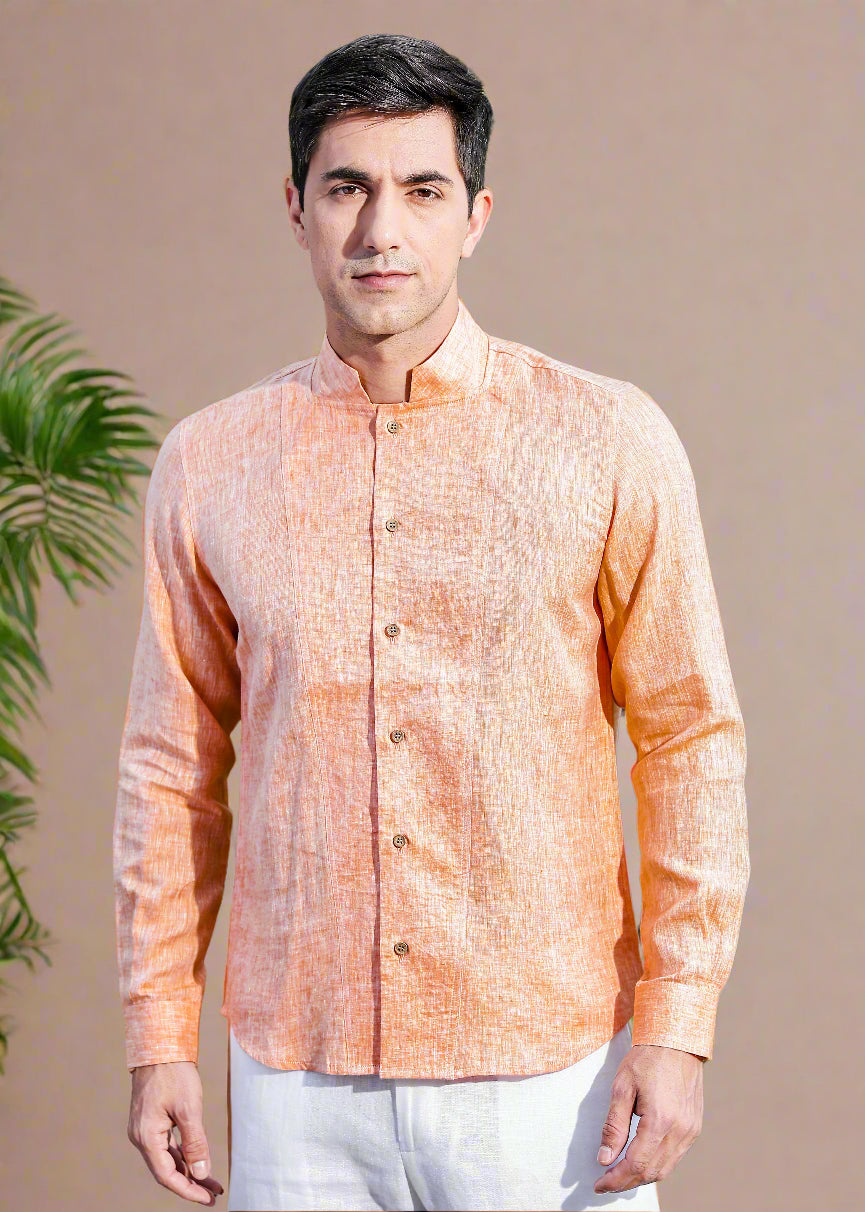 Beckham - Stylized Mandarin Box Collar Shirt - Orange Chambray