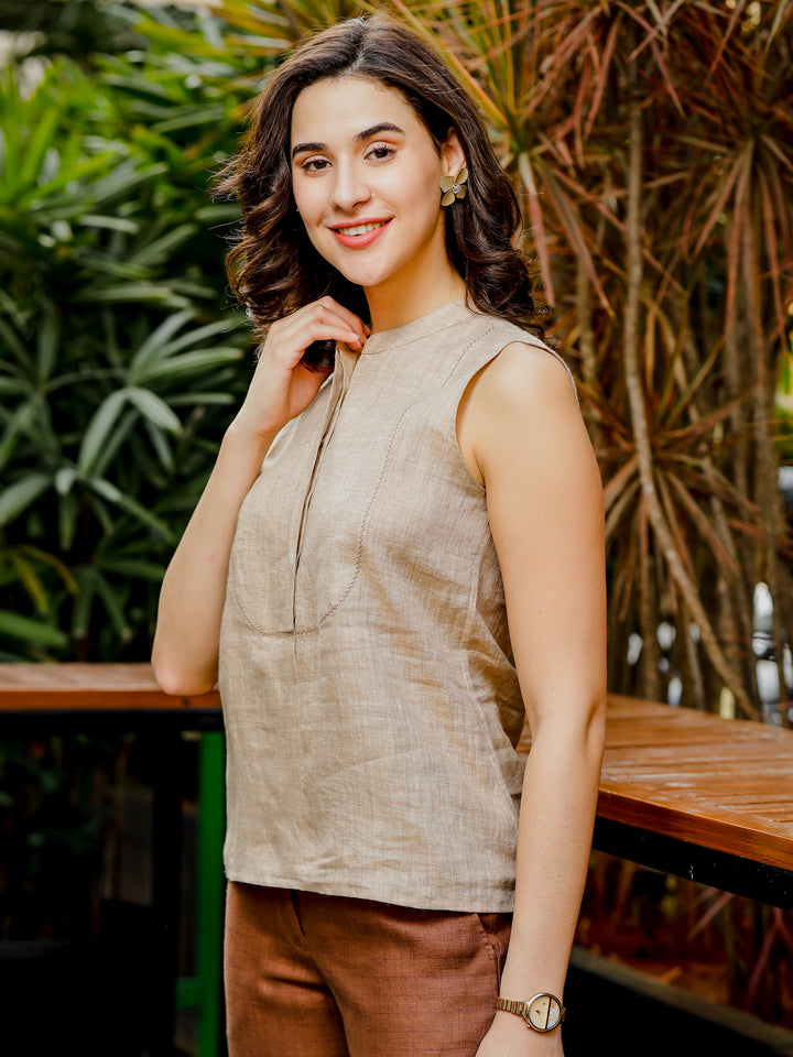 Bella - Pure Linen Sleeveless With Stitch Detailed Yoke - Mocha