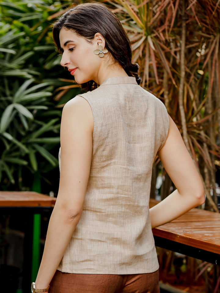 Bella - Pure Linen Sleeveless With Stitch Detailed Yoke - Mocha