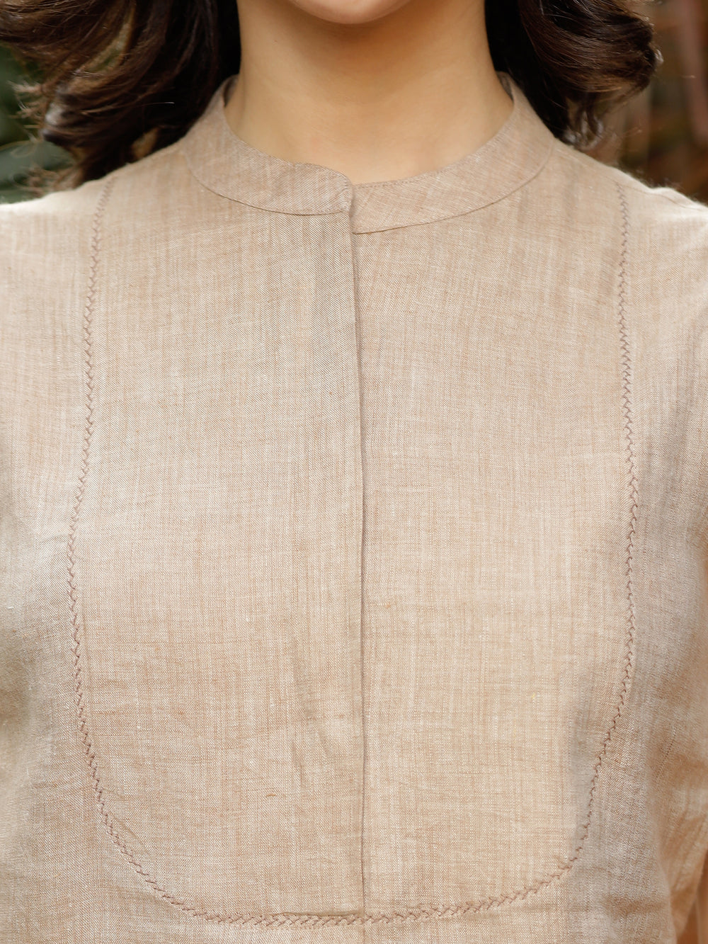 Bella - Pure Linen Sleeveless With Stitch Detailed Yoke - Mocha