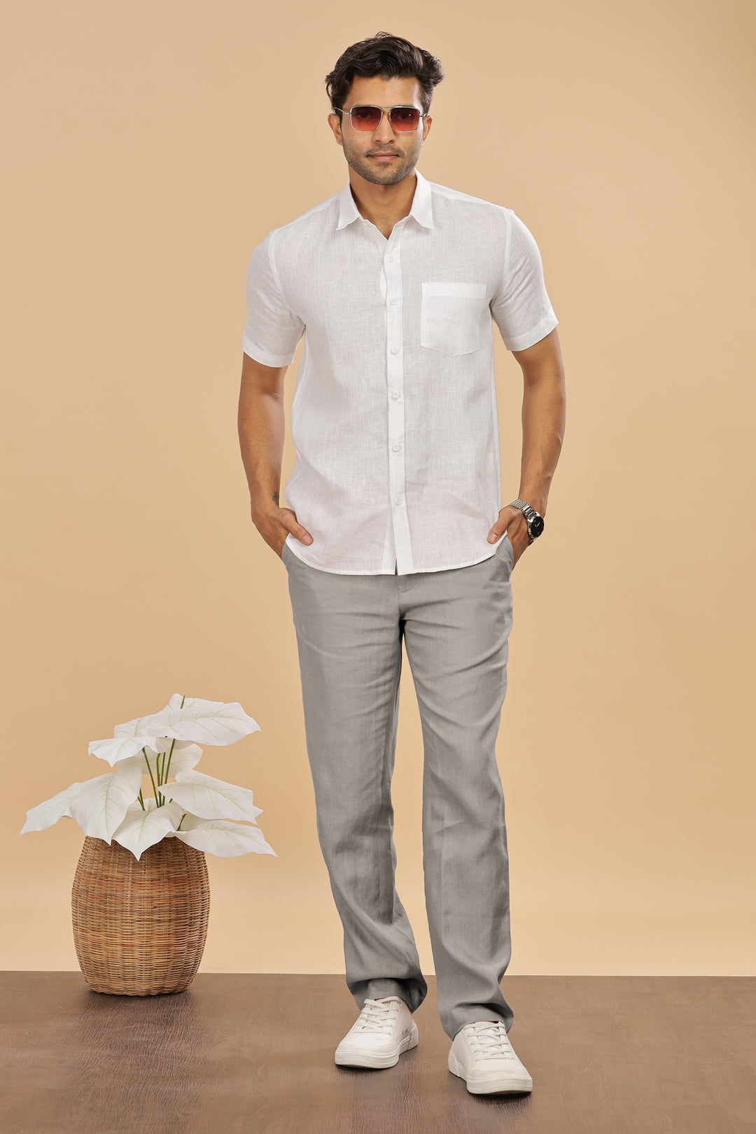 Brandon Double Button Broad Pure Linen Trousers - Steel Grey (Factory Rescue)