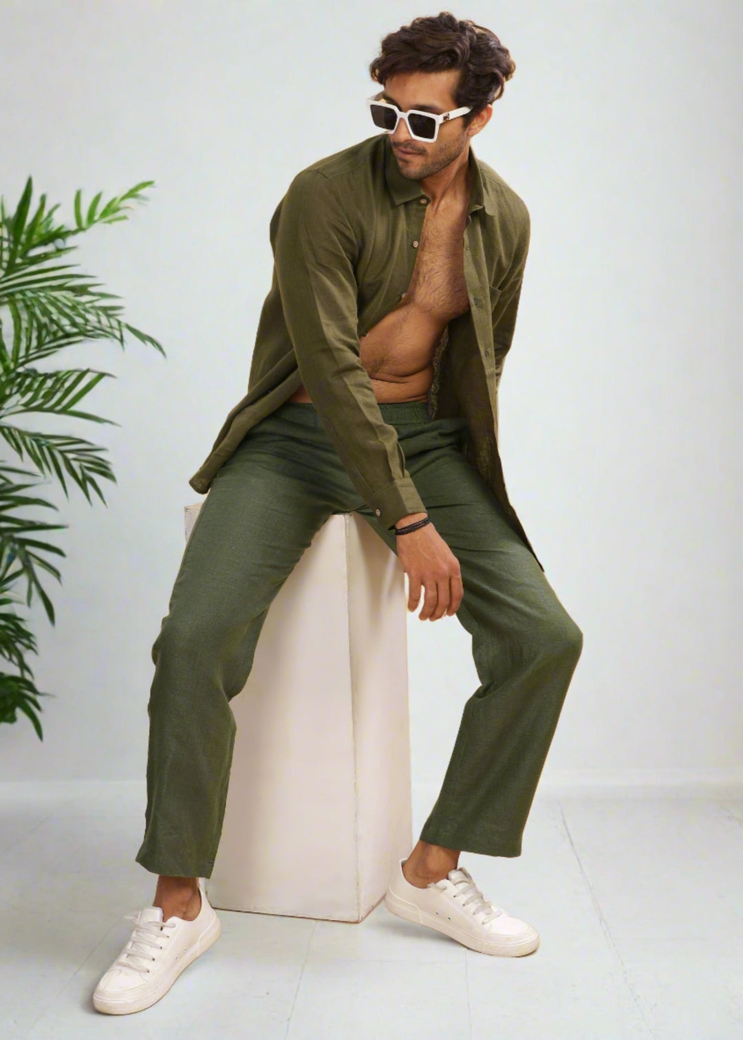 Breeze- Linen Casual Elastic Pants - Military Green